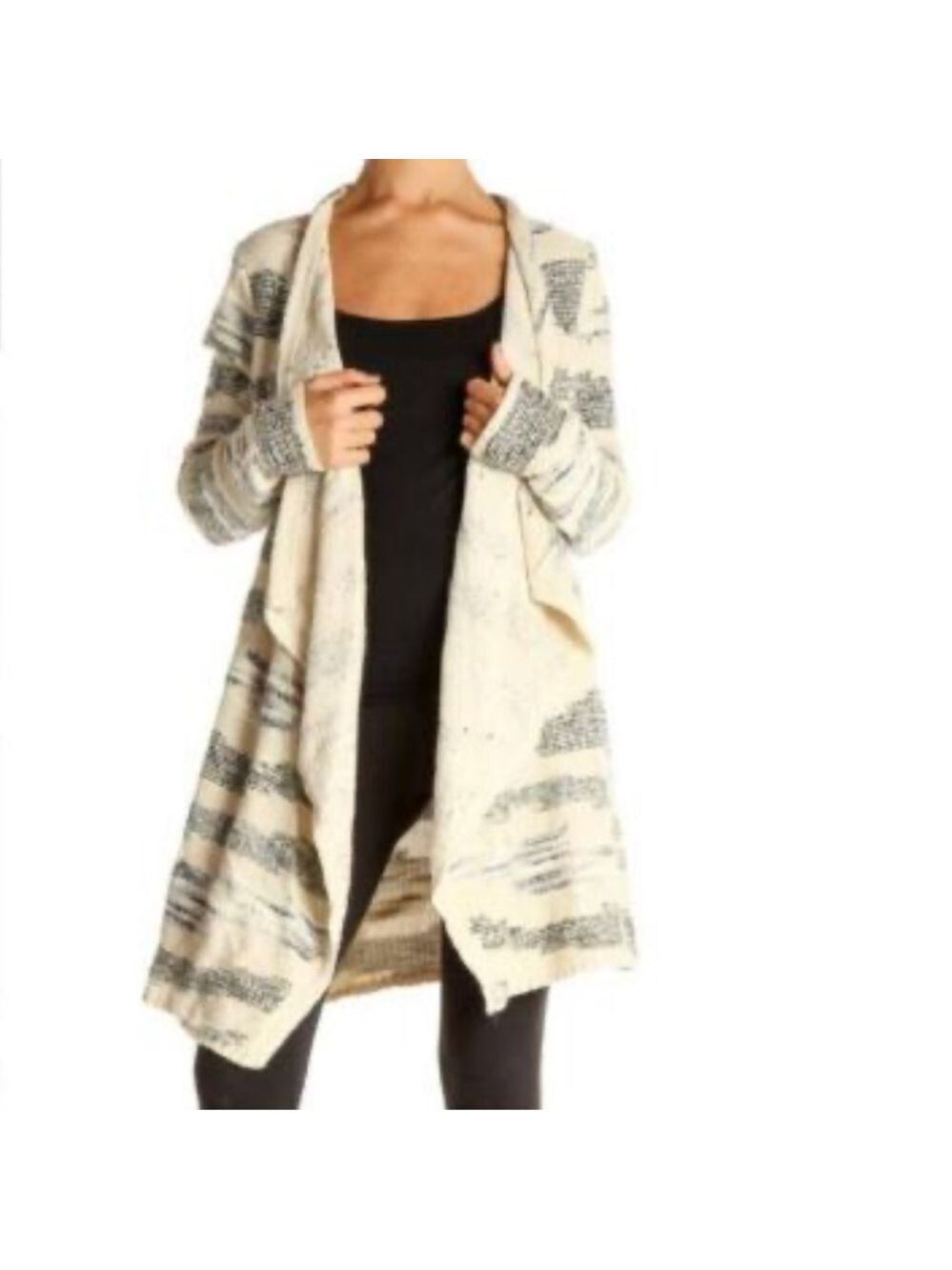 Lucky Brand Long Sleeve Ivory Blue Open Front Waterfall Cardigan Sweater Size L